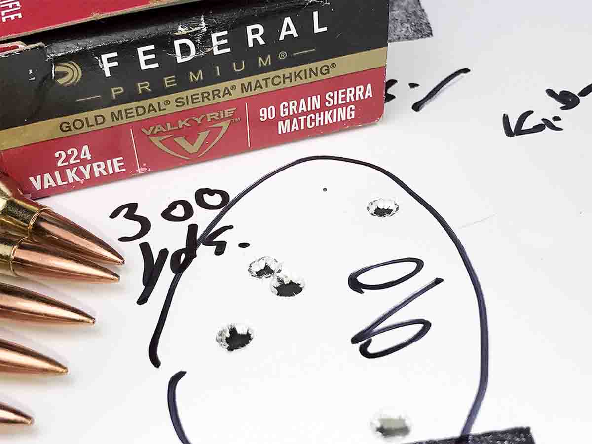 Federal has four loads for its new .224 Valkyrie cartridge. This group was shot at 300 yards with Federal Premium 90-grain Sierra MatchKing loads.